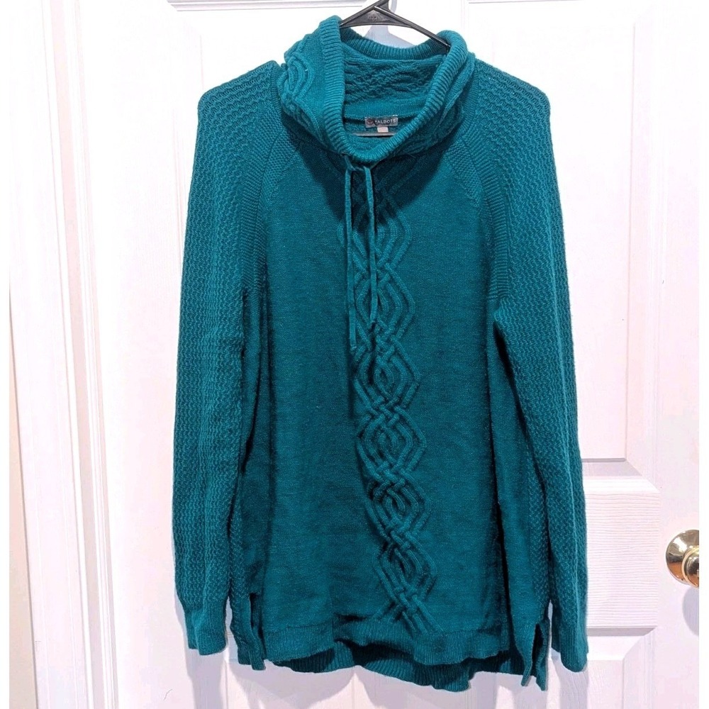 Coastal Cable Knit Cowl Neck Sweater Teal Talbots Large Chunky Fisherman